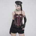 DEVIL FASHION Women's Punk Studded Zip Lace-up Overbust Corset Red