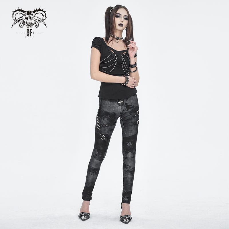 DEVIL FASHION Women's Punk Tie-dyed Buckle Lace-Up Leggings Black