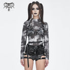 DEVIL FASHION Women's Punk Tie-dyed Strappy Long Sleeved Shirt