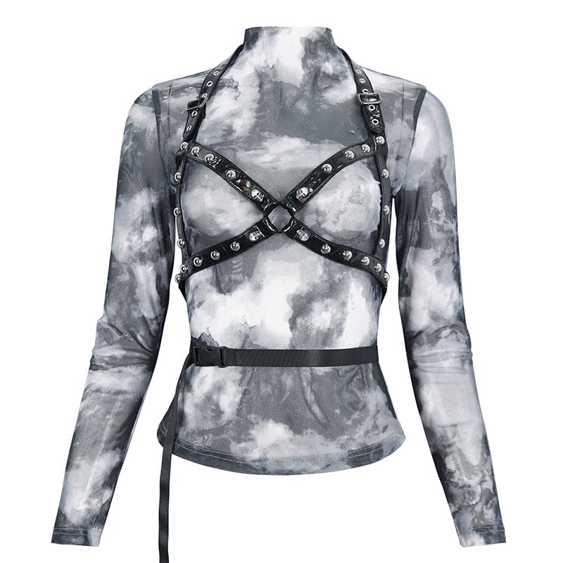 DEVIL FASHION Women's Punk Tie-dyed Strappy Long Sleeved Shirt