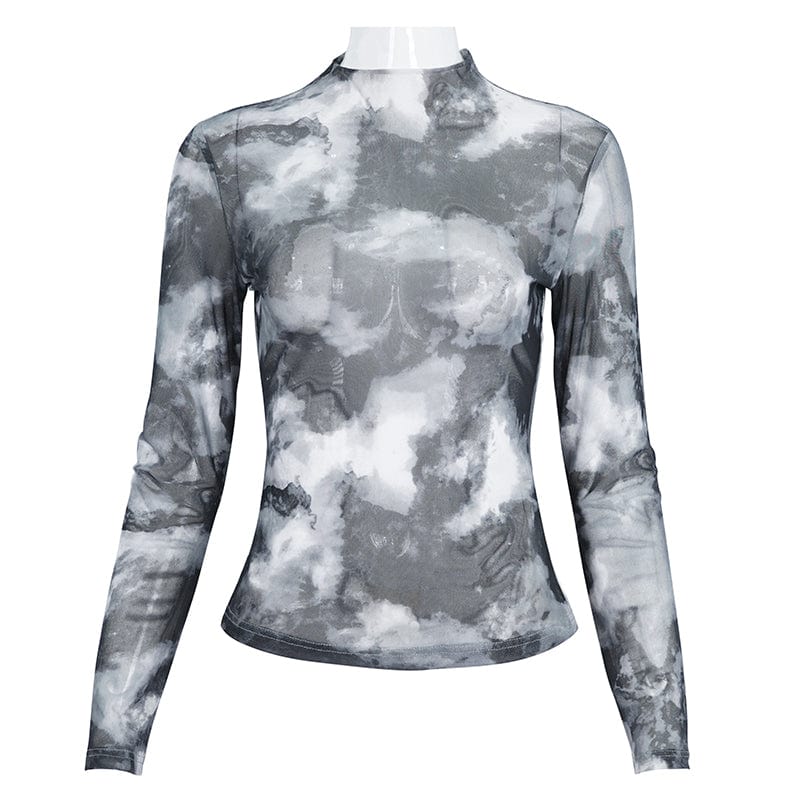 DEVIL FASHION Women's Punk Tie-dyed Strappy Long Sleeved Shirt