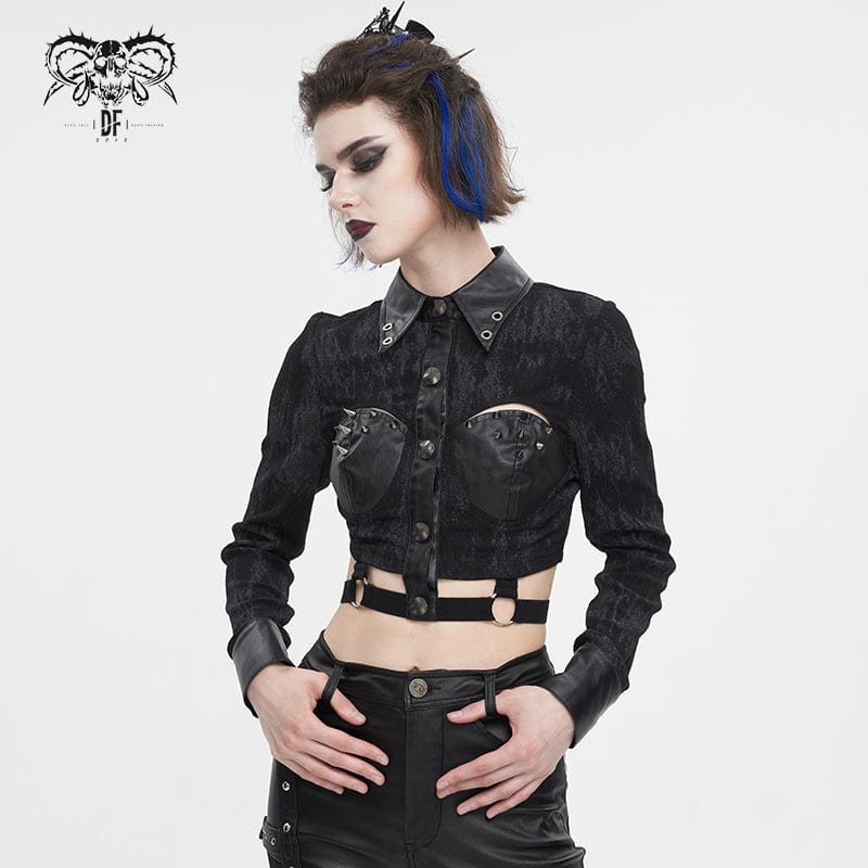 DEVIL FASHION Women's Punk Turn-down Collar Cutout Studded Shirt