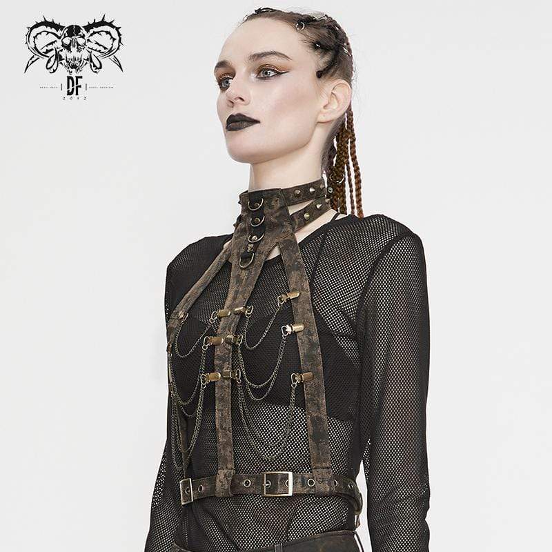 DEVIL FASHION Women's Steampunk Brown Body Harness with Brass Chain