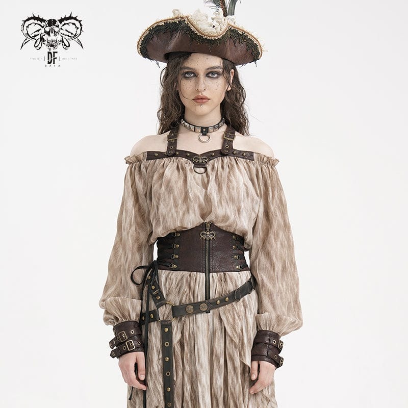 DEVIL FASHION Women's Steampunk Buckle-up Halter Long Sleeve Blouses Coffee