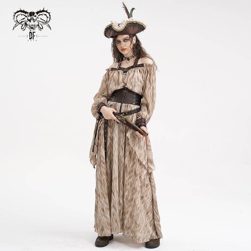 DEVIL FASHION Women's Steampunk Buckle-up Halter Long Sleeve Blouses Coffee