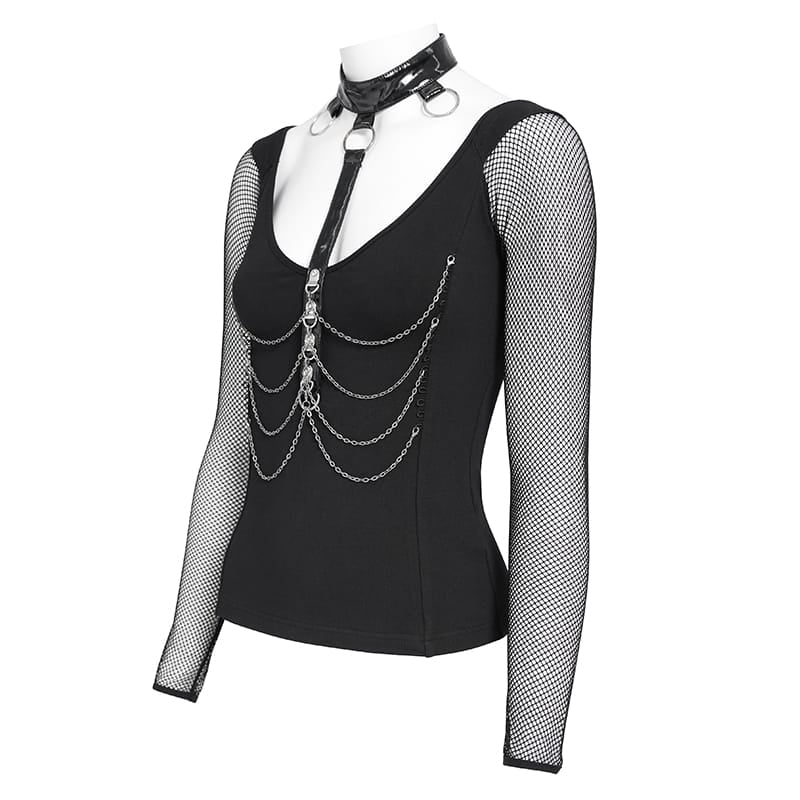 DEVIL FASHION Women's Steampunk Mesh Faux Leather Tops