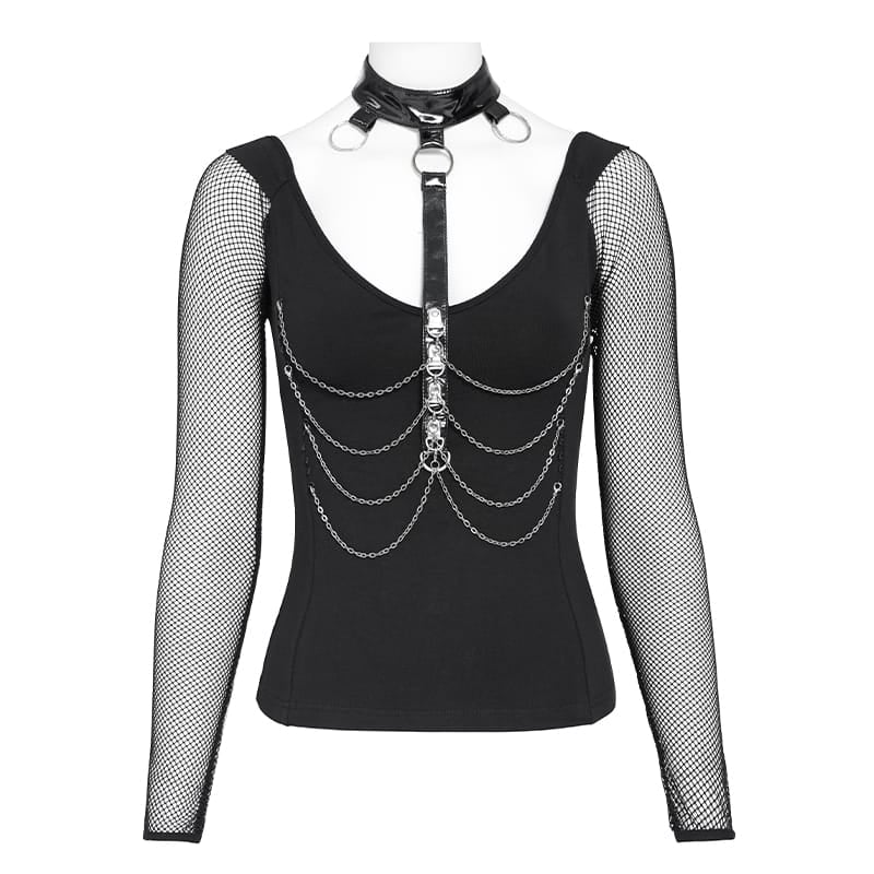 DEVIL FASHION Women's Steampunk Mesh Faux Leather Tops