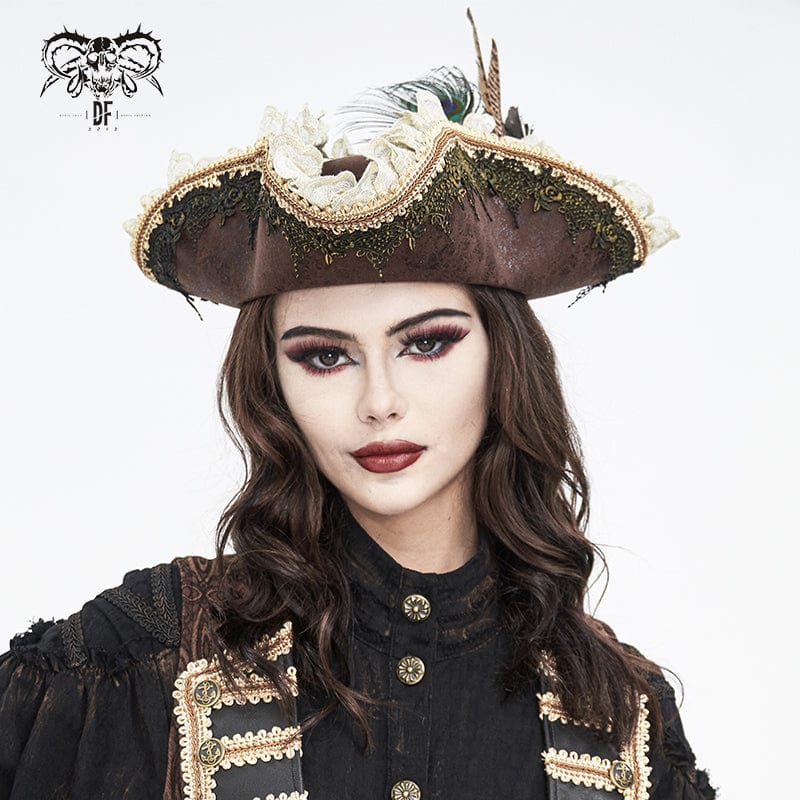 DEVIL FASHION Women's Steampunk Ruffled Lace Splice Feather Hat