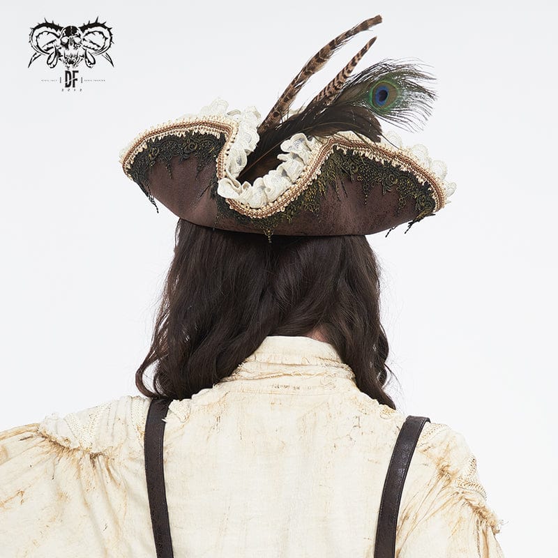 DEVIL FASHION Women's Steampunk Ruffled Lace Splice Feather Hat