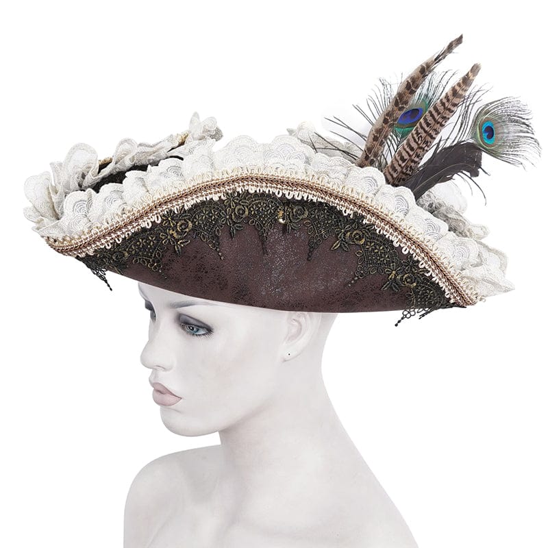 DEVIL FASHION Women's Steampunk Ruffled Lace Splice Feather Hat