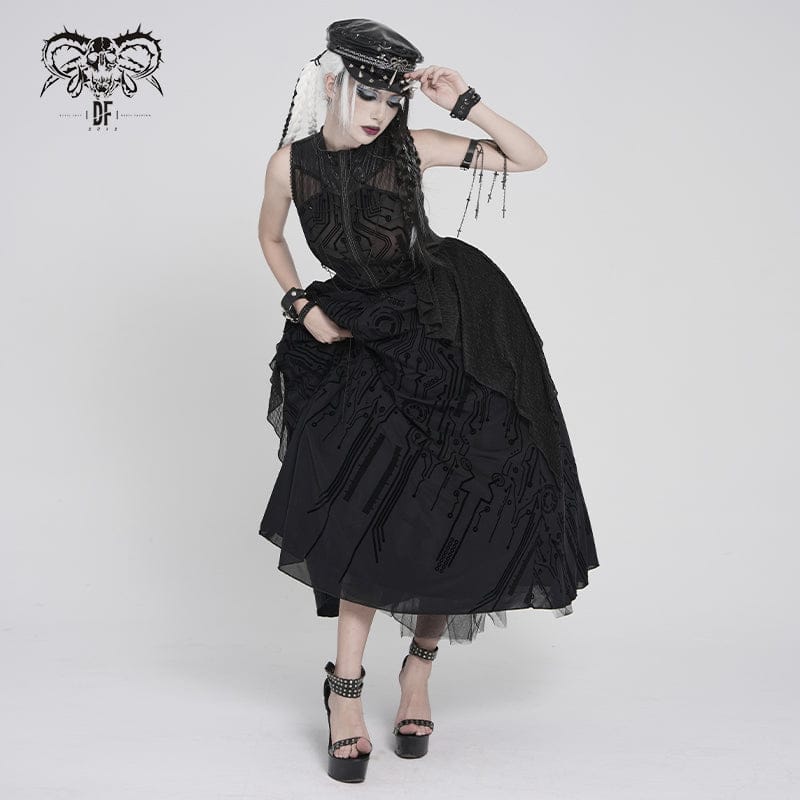 DEVILFASHION Women's Cyberpunk Circuit Board Printed Sleeveless Maxi Dress