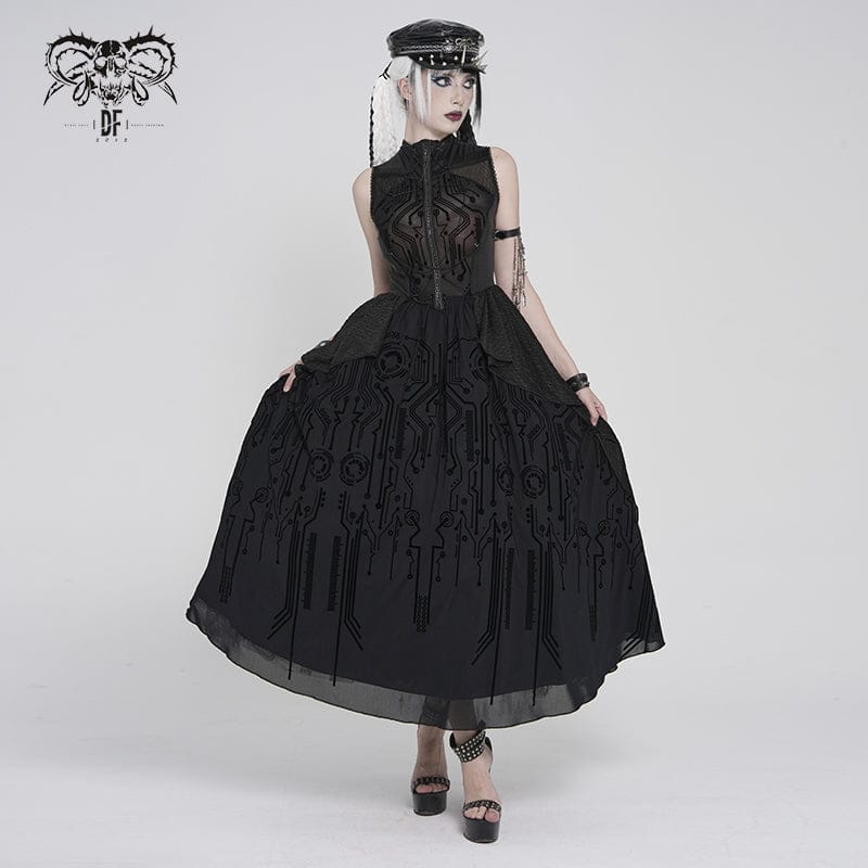 DEVILFASHION Women's Cyberpunk Circuit Board Printed Sleeveless Maxi Dress