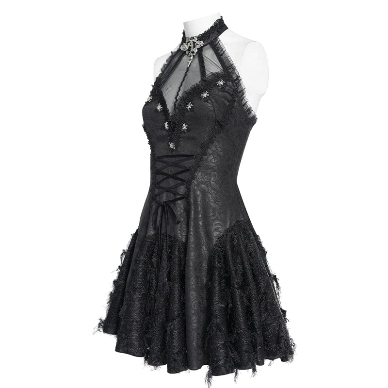 DEVILFASHION Women's Gothic Bat Spider Lace-up Halterneck Dress Black