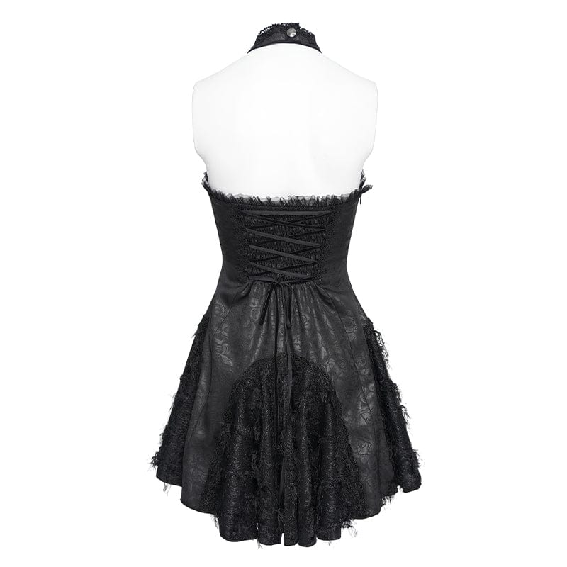 DEVILFASHION Women's Gothic Bat Spider Lace-up Halterneck Dress Black