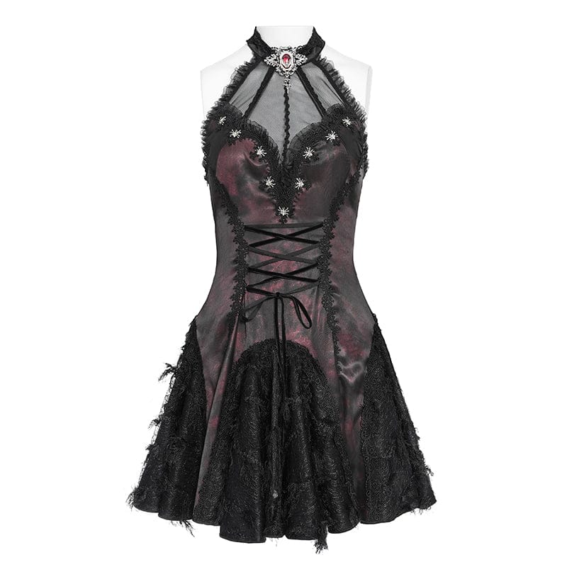 DEVILFASHION Women's Gothic Bat Spider Lace-up Halterneck Dress Black-Red