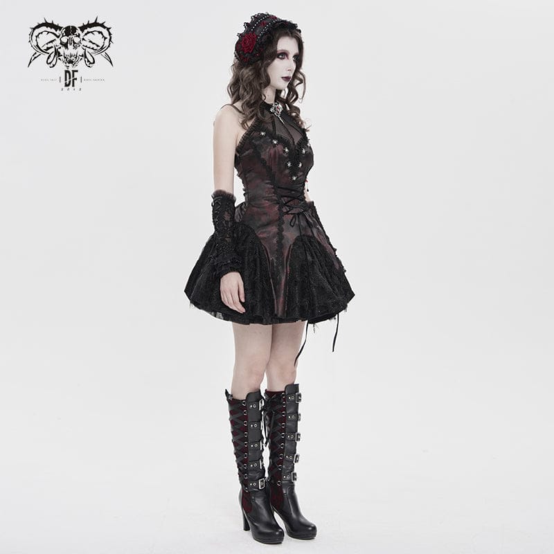 DEVILFASHION Women's Gothic Bat Spider Lace-up Halterneck Dress Black-Red