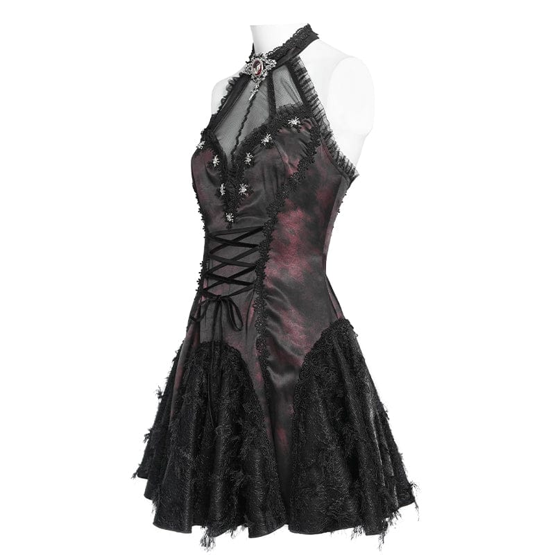 DEVILFASHION Women's Gothic Bat Spider Lace-up Halterneck Dress Black-Red