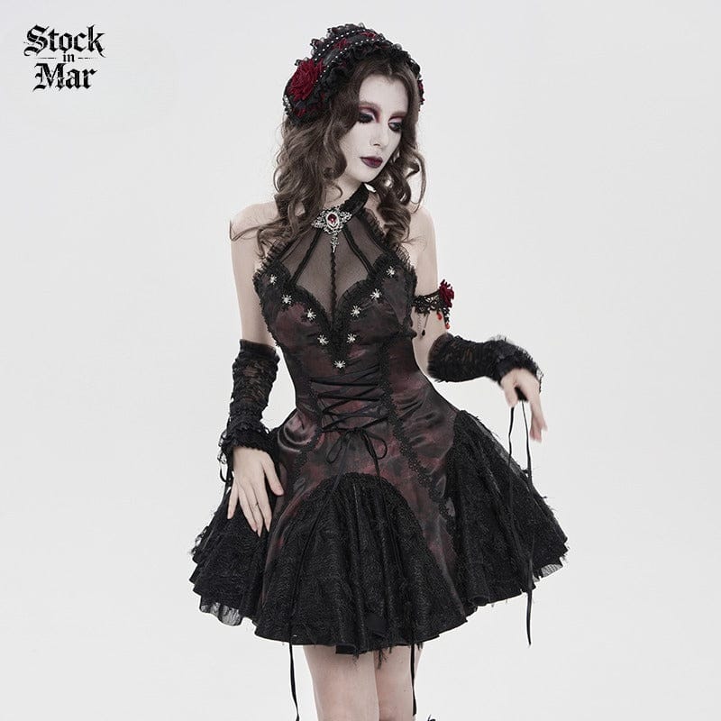 DEVILFASHION Women's Gothic Bat Spider Lace-up Halterneck Dress Black-Red