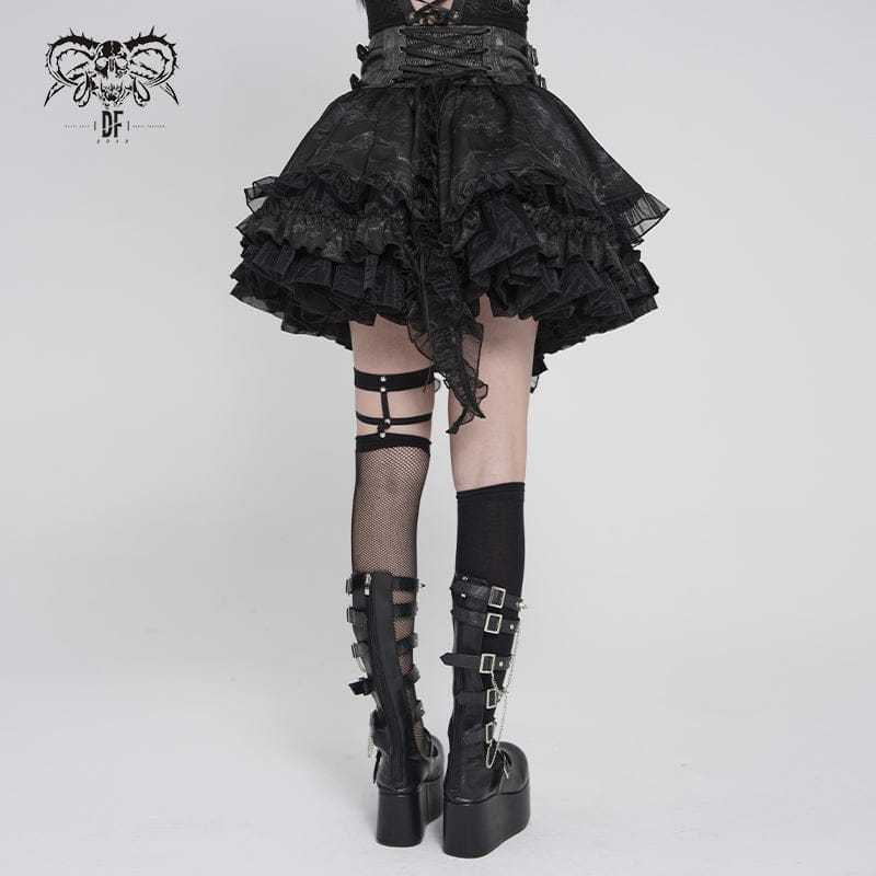 DEVILFASHION Women's Gothic Buckle-up Printed Ruffled Short Skirt