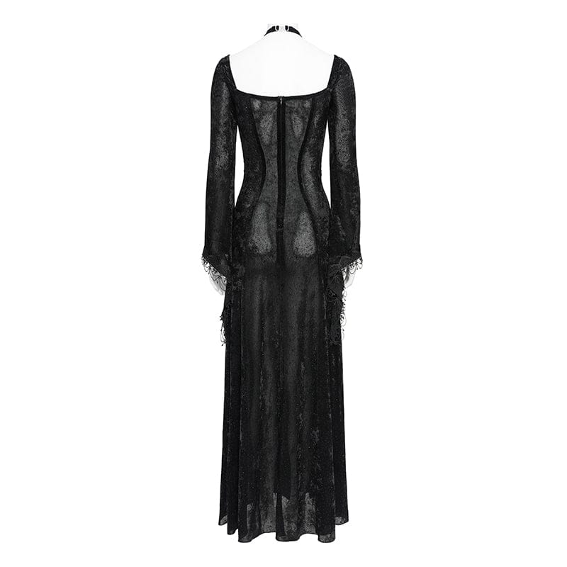 DEVILFASHION Women's Gothic Chained Plunging Split Maxi Dress