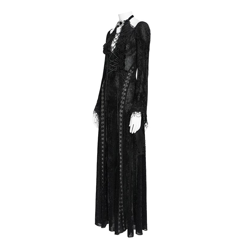 DEVILFASHION Women's Gothic Chained Plunging Split Maxi Dress