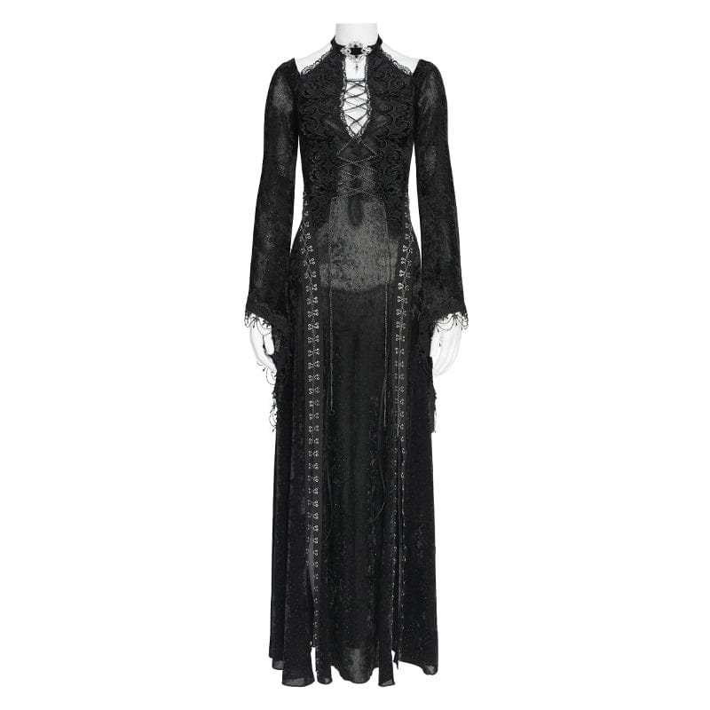 DEVILFASHION Women's Gothic Chained Plunging Split Maxi Dress