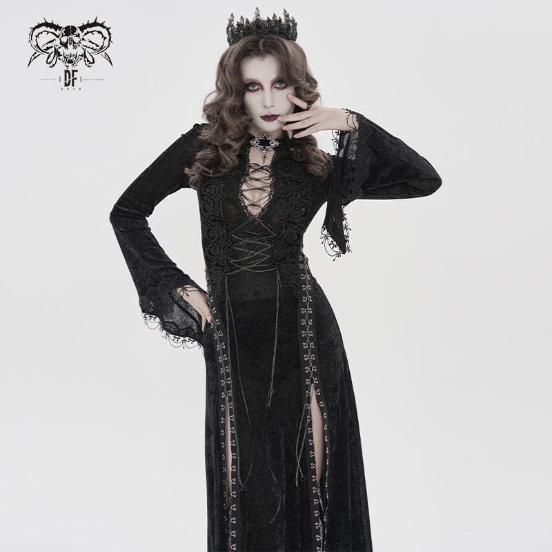 DEVILFASHION Women's Gothic Chained Plunging Split Maxi Dress