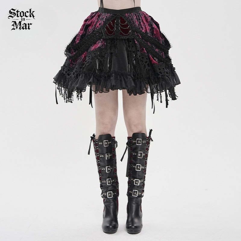 DEVILFASHION Women's Gothic Chained Tassels Layered Short Skirt Black-Red