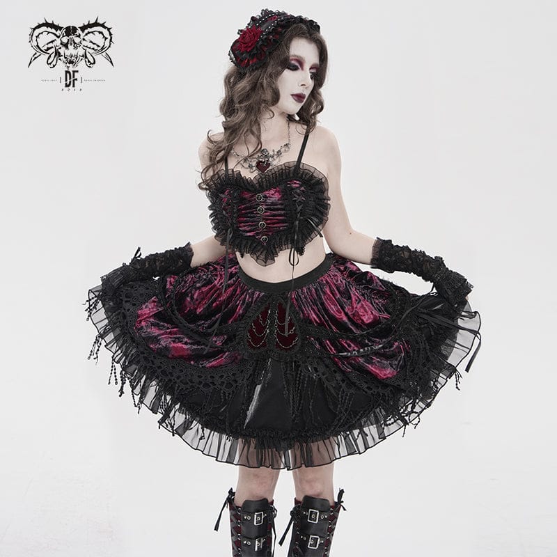 DEVILFASHION Women's Gothic Chained Tassels Layered Short Skirt Black-Red