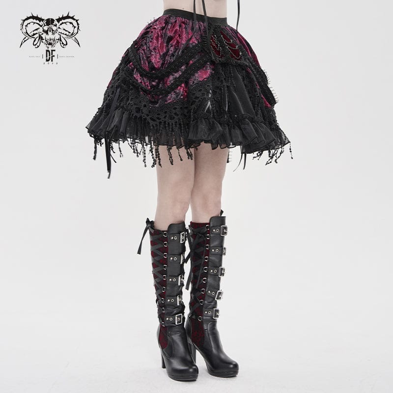 DEVILFASHION Women's Gothic Chained Tassels Layered Short Skirt Black-Red