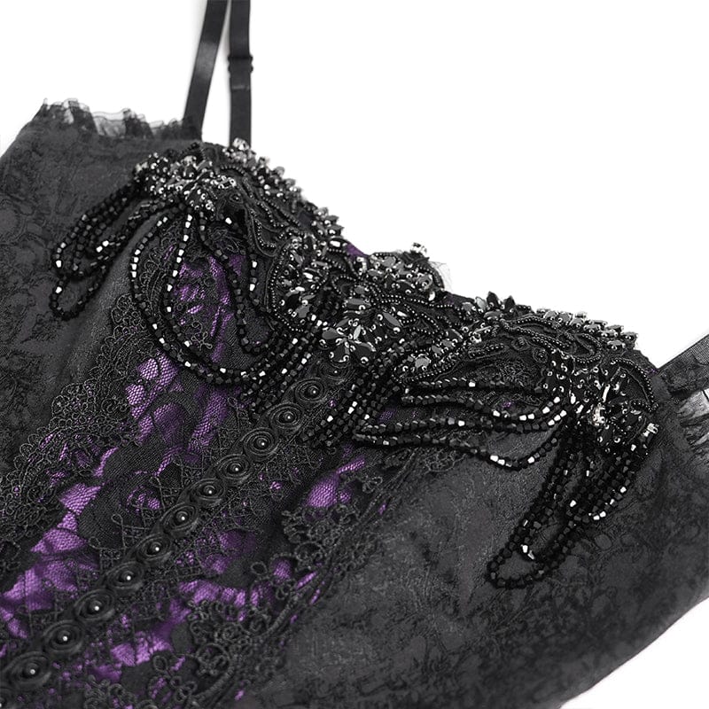 DEVILFASHION Women's Gothic Floral Beaded Slip Dress