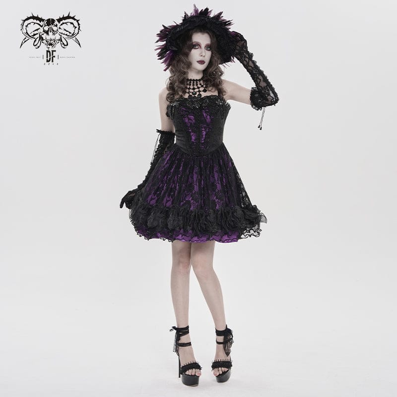 DEVILFASHION Women's Gothic Floral Beaded Slip Dress