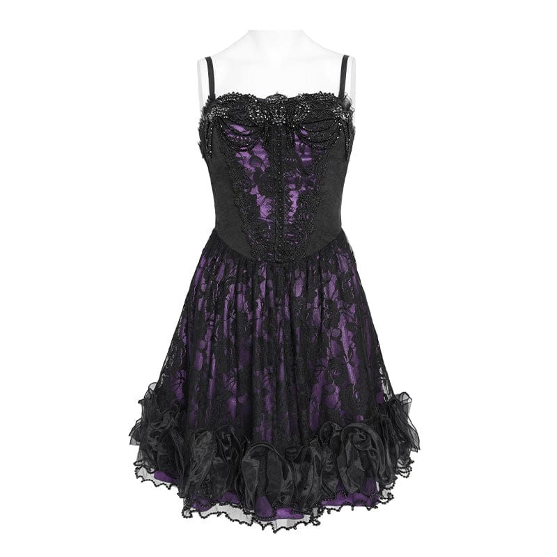 DEVILFASHION Women's Gothic Floral Beaded Slip Dress