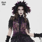 DEVILFASHION Women's Gothic Floral Stand Collar Short Sleeved Mesh Shirt