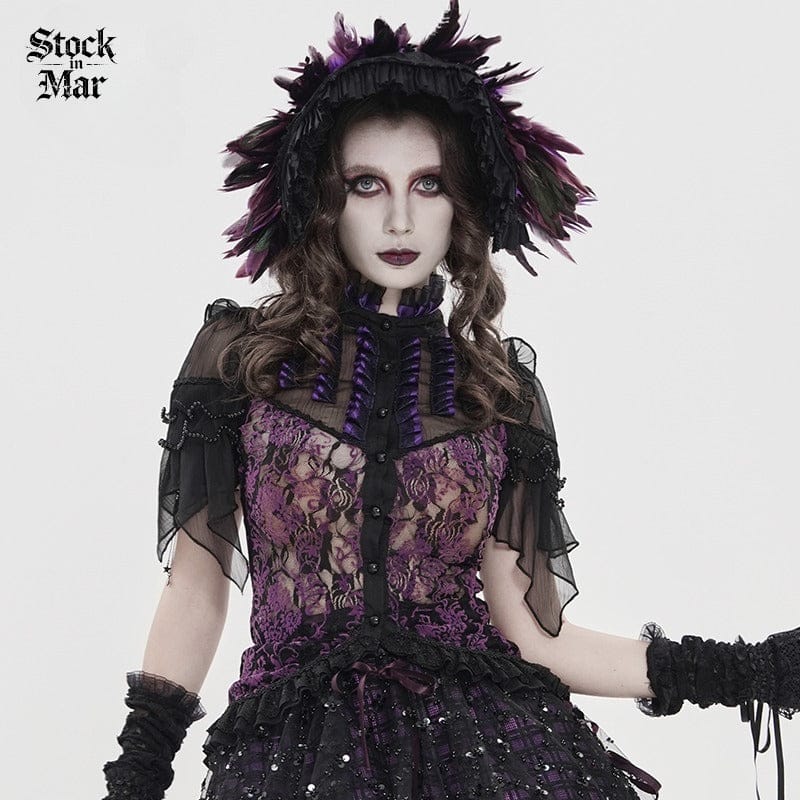 DEVILFASHION Women's Gothic Floral Stand Collar Short Sleeved Mesh Shirt