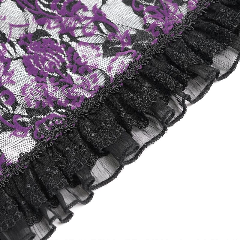 DEVILFASHION Women's Gothic Floral Stand Collar Short Sleeved Mesh Shirt