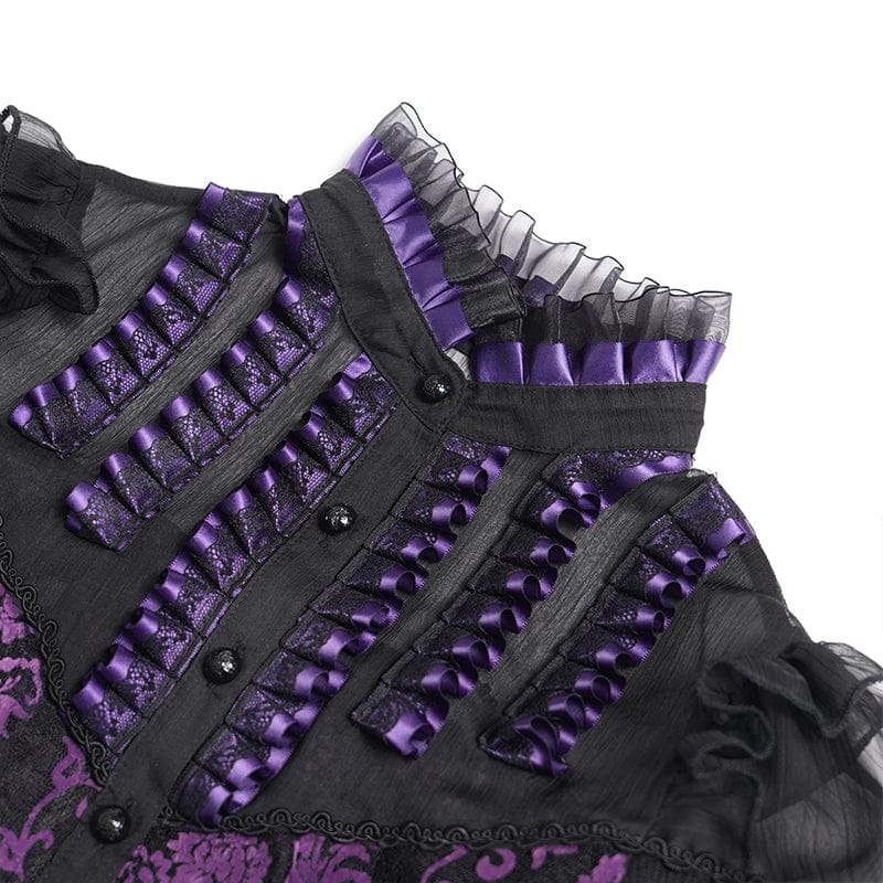 DEVILFASHION Women's Gothic Floral Stand Collar Short Sleeved Mesh Shirt