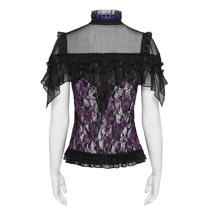 DEVILFASHION Women's Gothic Floral Stand Collar Short Sleeved Mesh Shirt