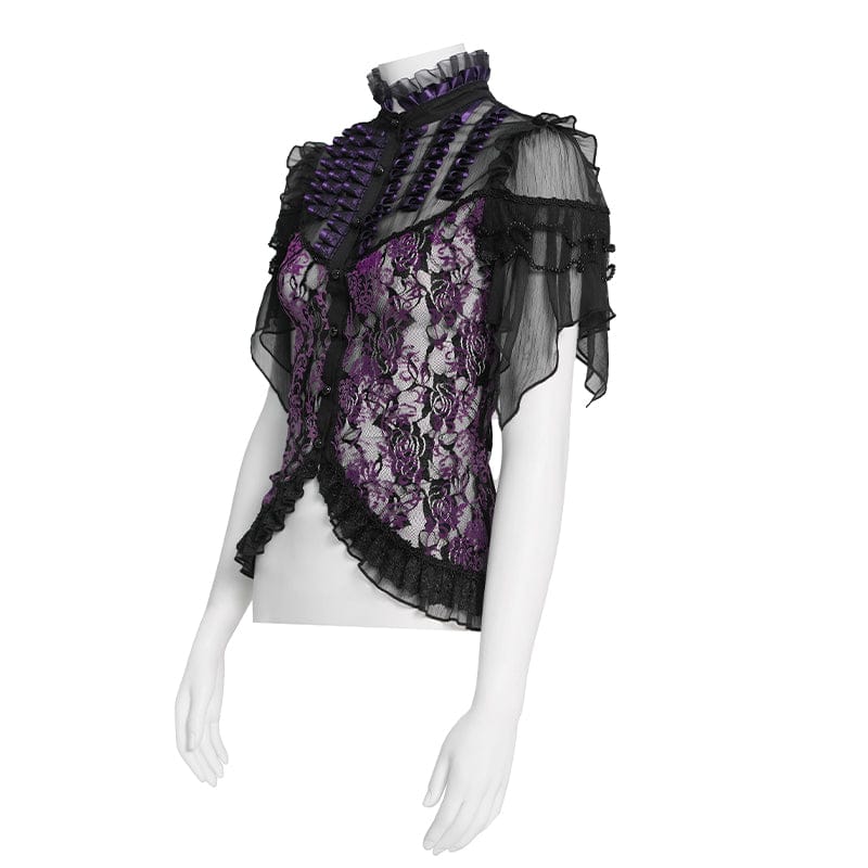 DEVILFASHION Women's Gothic Floral Stand Collar Short Sleeved Mesh Shirt