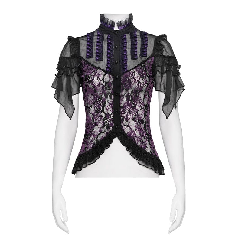 DEVILFASHION Women's Gothic Floral Stand Collar Short Sleeved Mesh Shirt