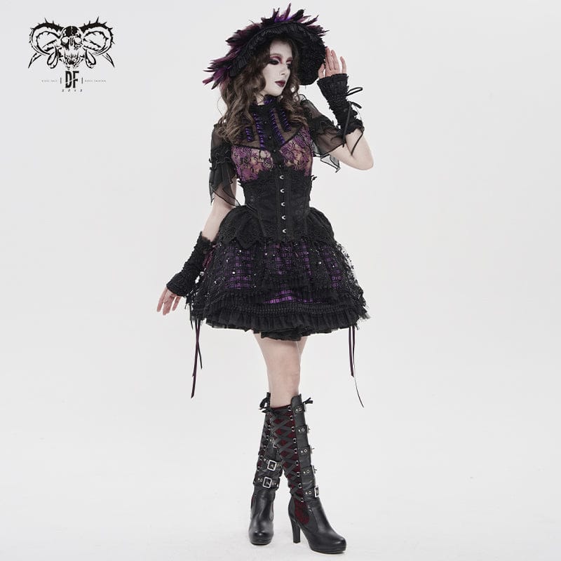 DEVILFASHION Women's Gothic Floral Stand Collar Short Sleeved Mesh Shirt