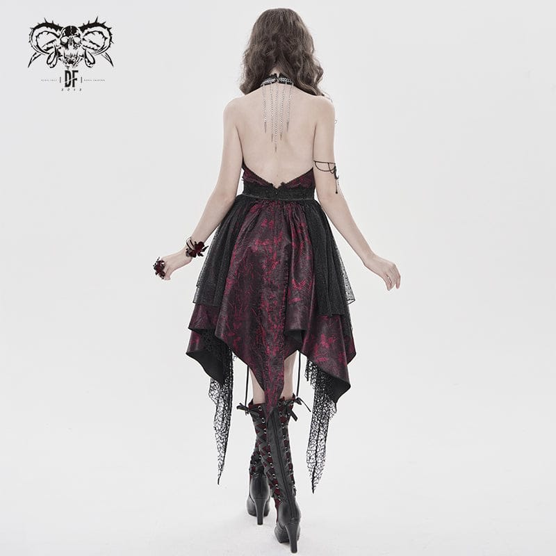 DEVILFASHION Women's Gothic Irregular Plunging Tassels Halterneck Dress