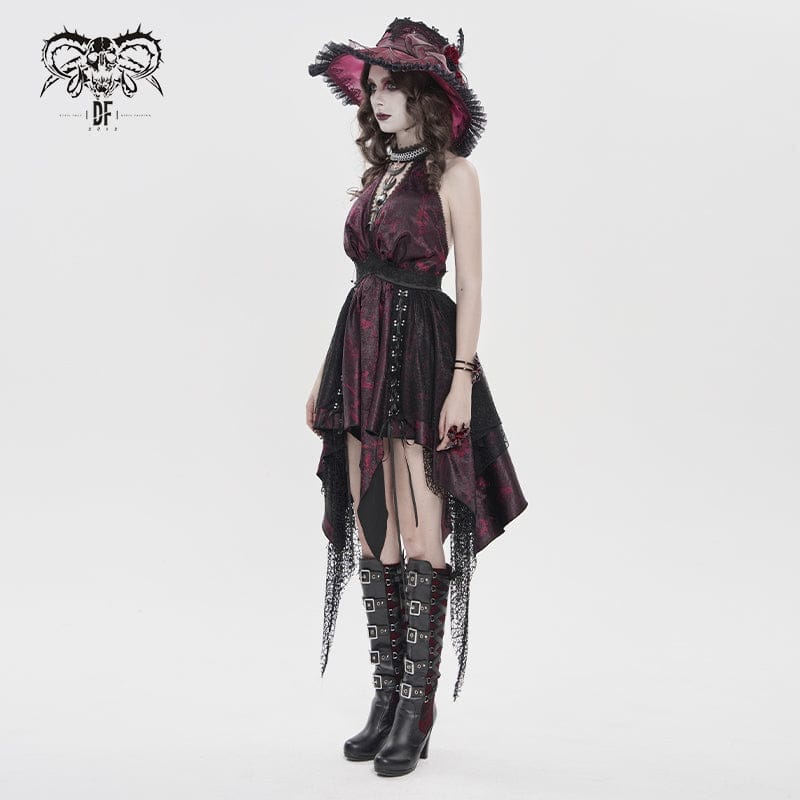 DEVILFASHION Women's Gothic Irregular Plunging Tassels Halterneck Dress