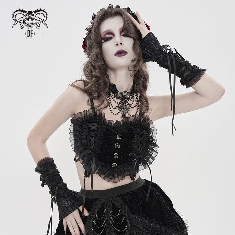 DEVILFASHION Women's Gothic Lace Ruffled Ruched Bustier Black