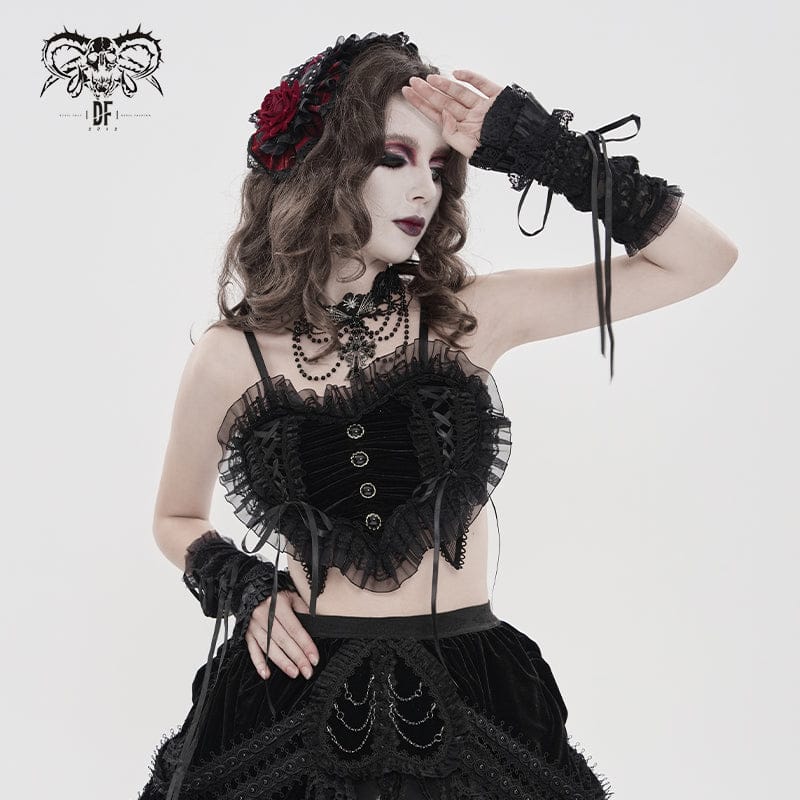 DEVILFASHION Women's Gothic Lace Ruffled Ruched Bustier Black