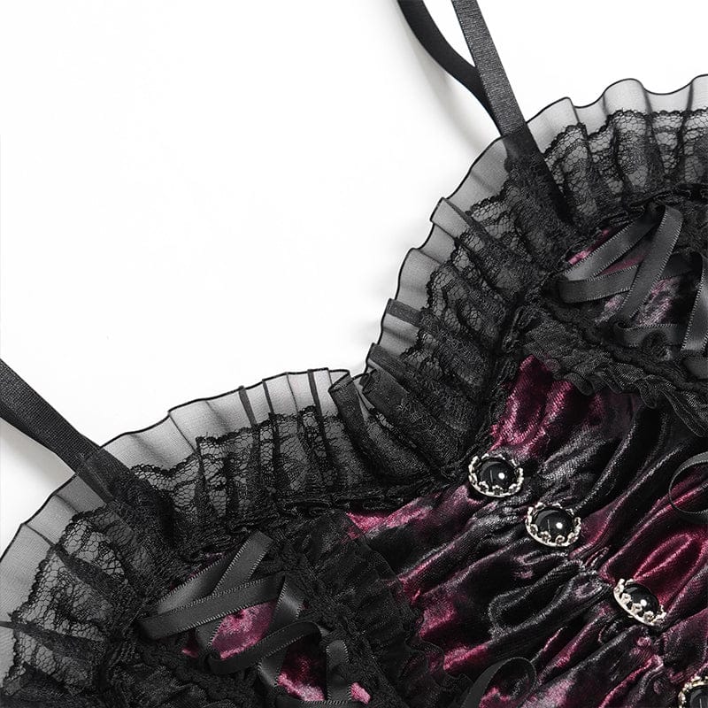 DEVILFASHION Women's Gothic Lace Ruffled Ruched Bustier Black-Red