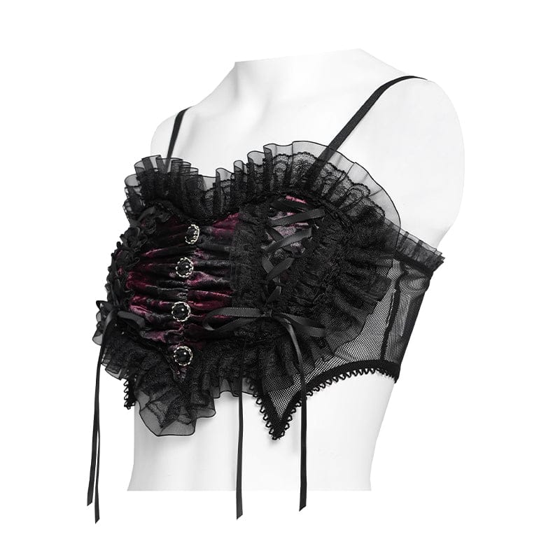 DEVILFASHION Women's Gothic Lace Ruffled Ruched Bustier Black-Red