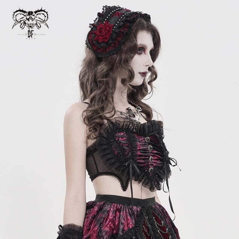 DEVILFASHION Women's Gothic Lace Ruffled Ruched Bustier Black-Red