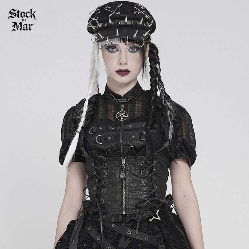DEVILFASHION Women's Gothic Lace-up Zip Swallow-tailed Vest Black