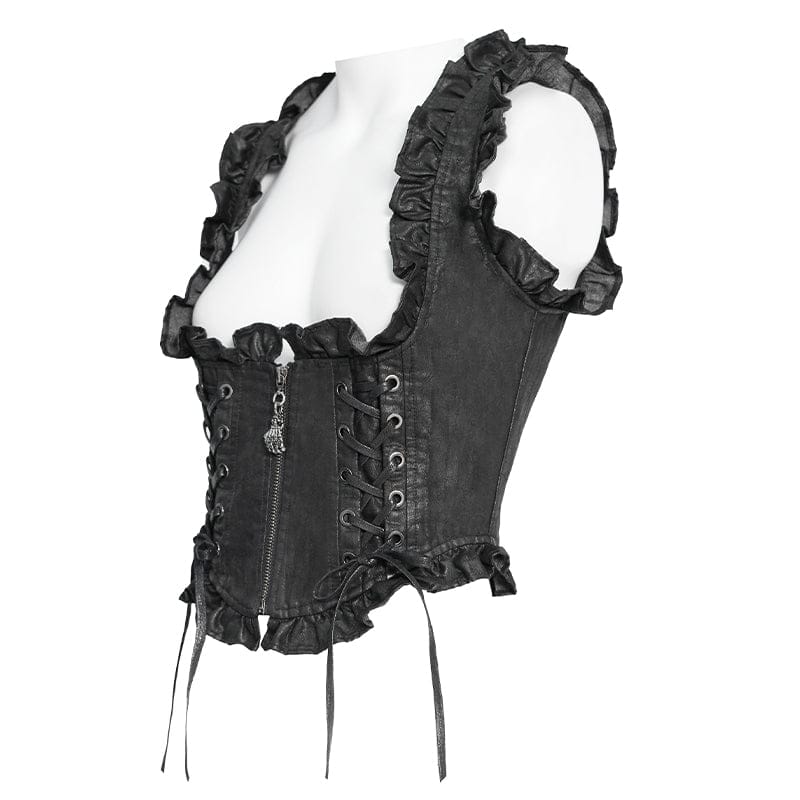 DEVILFASHION Women's Gothic Lace-up Zip Swallow-tailed Vest Black